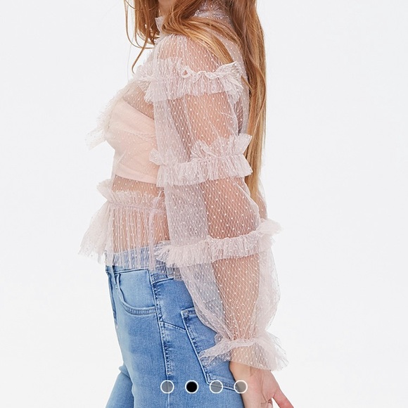 Light Pink Sheer Mesh Ruffled Long Sleeve Top NWT - Picture 3 of 6